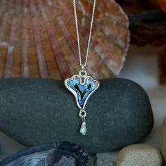 Sea Moss Heart Pendant with Baroque Pearl in Sea Blue Enamel by Sheila Fleet Jewellery