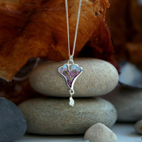 Sea Moss Heart Pendant with Baroque Pearl in Sea Pink Enamel by Sheila Fleet Jewellery