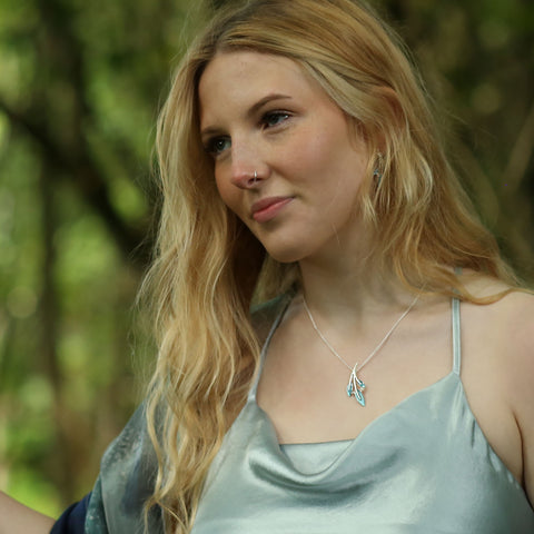 Rowan Three-Leaf Pendant Necklace in Sage Enamel with Moonstone & Pearl by Sheila Fleet Jewellery