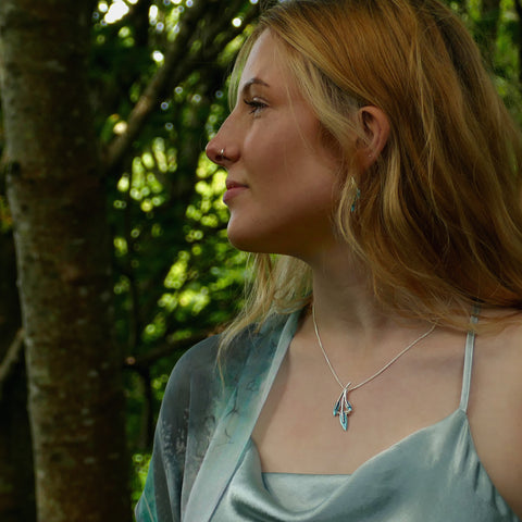 Rowan Three-Leaf Pendant Necklace in Sage Enamel with Moonstone & Pearl by Sheila Fleet Jewellery