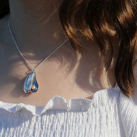 Mussel Medium Double Pendant with Peach Pearl in Mussel Blue Enamel by Sheila Fleet Jewellery