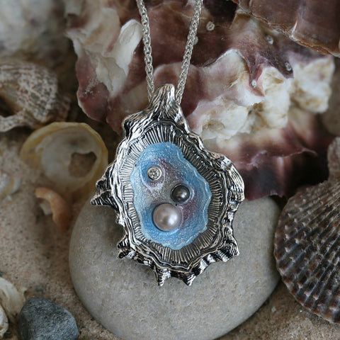 Oyster Large Pendant with CZ, Peach & Black Pearls by Sheila Fleet Jewellery