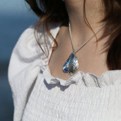 Mussel Large Double Pendant with Peach Pearl in Mussel Blue Enamel by Sheila Fleet Jewellery