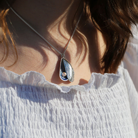 Mussel Large Double Pendant with Peach Pearl in Mussel Blue Enamel by Sheila Fleet Jewellery