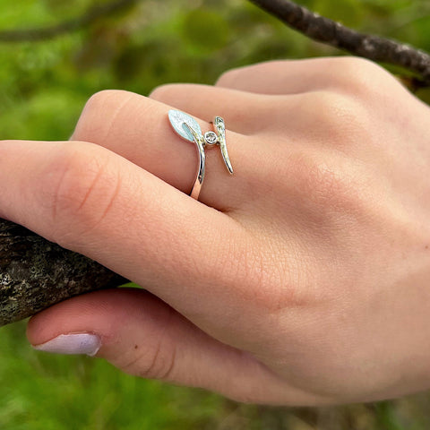 Rowan Cubic Zirconia Leaf Ring in Frost Enamel by Sheila Fleet Jewellery