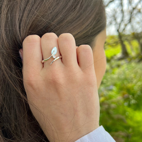 Rowan Cubic Zirconia Leaf Ring in Frost Enamel by Sheila Fleet Jewellery