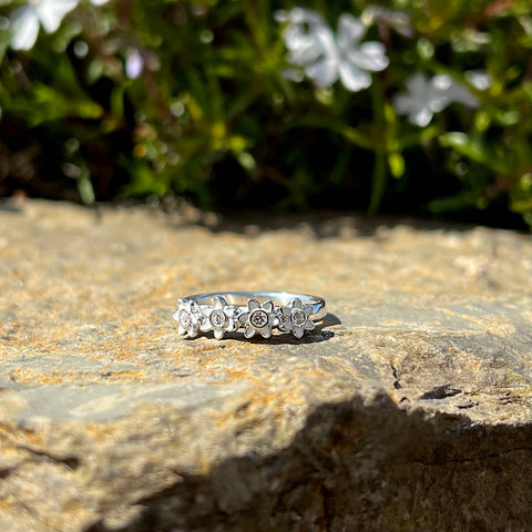 Daisies at Dawn 4-flower Enamel Ring with Cubic Zirconia by Sheila Fleet Jewellery