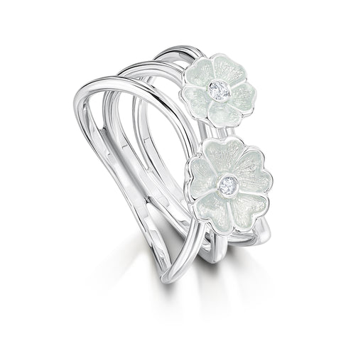 Primula Scotica 2-flower CZ Ring in Crystal Enamel by Sheila Fleet Jewellery
