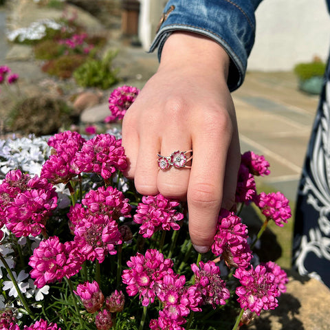 Primula Scotica 2-flower CZ Ring in Hot Pink Enamel by Sheila Fleet Jewellery