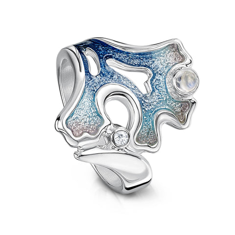 Sea Moss Moonstone & Cubic Zirconia Ring in Sea Blue Enamel by Sheila Fleet Jewellery