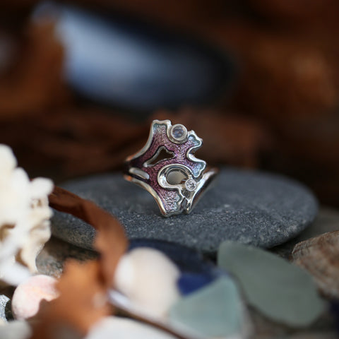 Sea Moss Moonstone & Cubic Zirconia Ring in Sea Pink Enamel by Sheila Fleet Jewellery