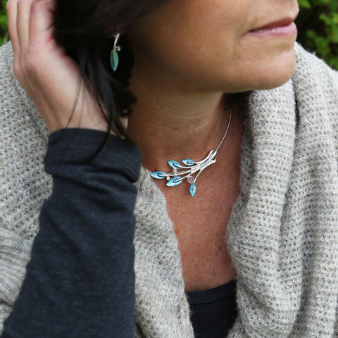 Rowan Five-Leaf Necklace in Sage Enamel with Moonstone, Pearl & CZ