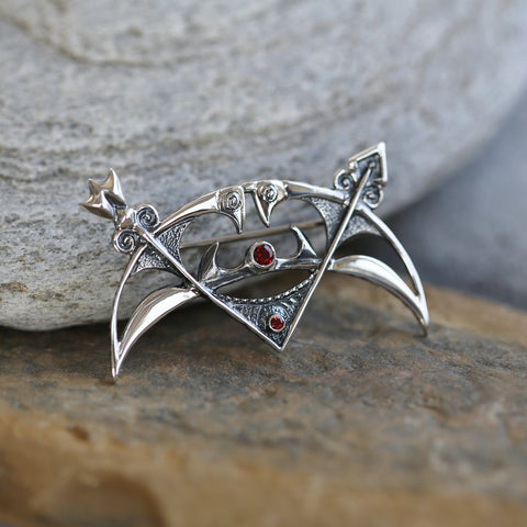 Crescent & Rod Garnet Brooch in Sterling Silver by Sheila Fleet Jewellery
