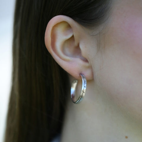 Ogham Large Hoop Earrings in Sterling Silver by Sheila Fleet Jewellery