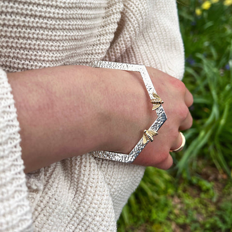 Honeycomb Silver Hexagon Bangle with 9ct Yellow Gold Bees by Sheila Fleet Jewellery