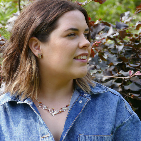 Seasons Gold Leaves Small Stud Earrings in Autumn Enamel by Sheila Fleet Jewellery