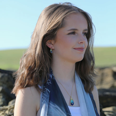 Mussel Small 18ct Yellow Gold Drop Earrings with Black Pearls in Ocean Enamel by Sheila Fleet Jewellery