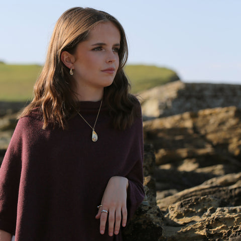 Mussel Small Drop Earrings with Peach Pearls in 9ct Yellow Gold by Sheila Fleet Jewellery