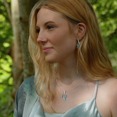 Rowan Three-Leaf Drop Earrings in Sage Enamel with Moonstone by Sheila Fleet Jewellery