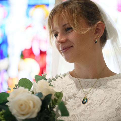 Mussel Large 18ct Yellow Gold Pendant with Black Pearl in Ocean Enamel by Sheila Fleet Jewellery