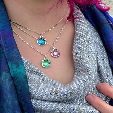 Lunar Bright Small Pendant Necklace in Hot Pink Enamel