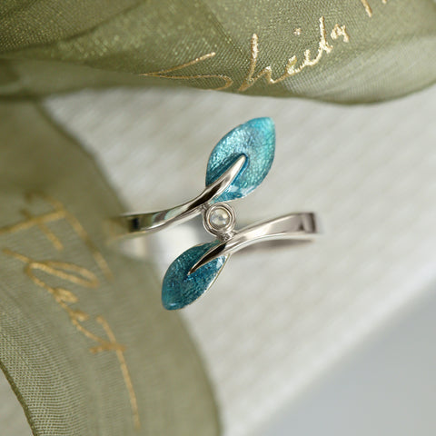 Rowan Leaves Ring in Sage Enamel with Moonstone by Sheila Fleet Jewellery