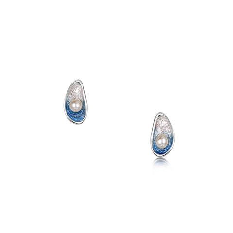 Mussel Stud Earrings with Peach Pearls in Mussel Blue Enamel by Sheila Fleet Jewellery