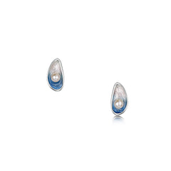 Mussel Stud Earrings with Peach Pearls in Mussel Blue Enamel by Sheila Fleet Jewellery