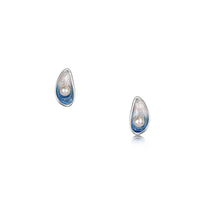 Mussel Stud Earrings with Peach Pearls in Mussel Blue Enamel by Sheila Fleet Jewellery