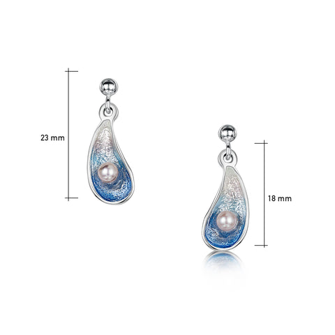 Mussel Small Drop Earrings with Peach Pearls in Mussel Blue Enamel by Sheila Fleet Jewellery
