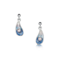 Mussel Small Drop Earrings with Peach Pearls in Mussel Blue Enamel by Sheila Fleet Jewellery