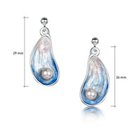 Mussel Medium Drop Earrings with Peach Pearls in Mussel Blue Enamel by Sheila Fleet Jewellery