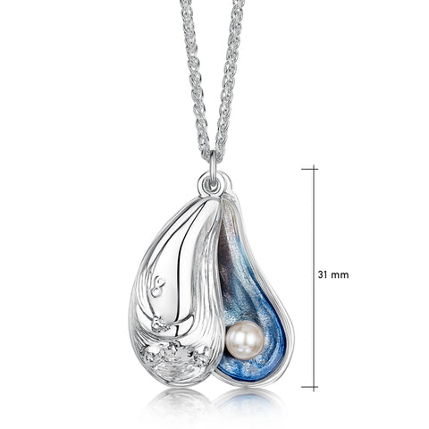 Mussel Medium Double Pendant with Peach Pearl in Mussel Blue Enamel by Sheila Fleet Jewellery