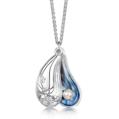 Mussel Medium Double Pendant with Peach Pearl in Mussel Blue Enamel by Sheila Fleet Jewellery