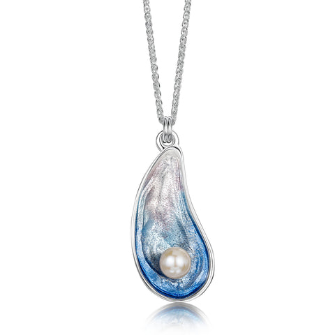 Mussel Medium Pendant with Peach Pearl in Mussel Blue Enamel by Sheila Fleet Jewellery