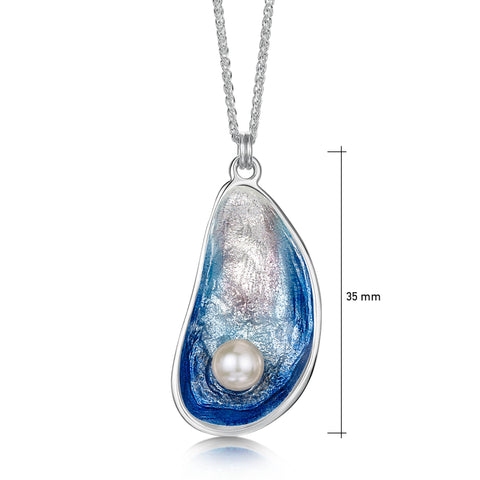 Mussel Large Pendant with Peach Pearl in Mussel Blue Enamel by Sheila Fleet Jewellery