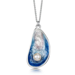 Mussel Large Pendant with Peach Pearl in Mussel Blue Enamel by Sheila Fleet Jewellery