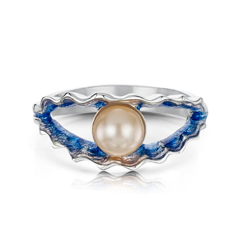 Scallop Pearl Ring in Scallop Blue Enamel by Sheila Fleet Jewellery