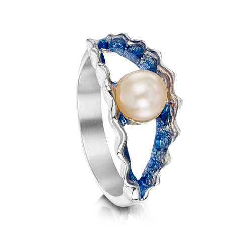 Scallop Pearl Ring in Scallop Blue Enamel by Sheila Fleet Jewellery