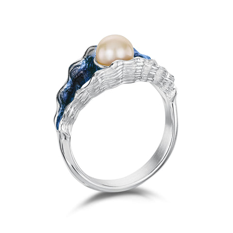 Scallop Pearl Ring in Scallop Blue Enamel by Sheila Fleet Jewellery