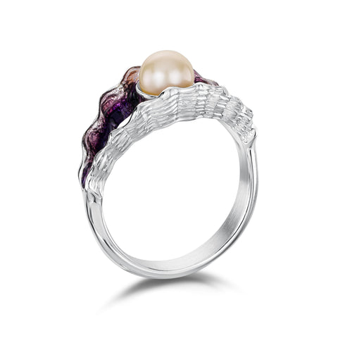 Scallop Pearl Ring in Scallop Pink Enamel by Sheila Fleet Jewellery