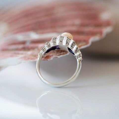 Scallop Pearl Ring in Scallop Pink Enamel by Sheila Fleet JewelleryScallop Pearl Ring in Scallop Pink Enamel by Sheila Fleet Jewellery