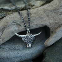 Highland Cow Dress Pendant in Oxidised Sterling Silver by Sheila Fleet Jewellery