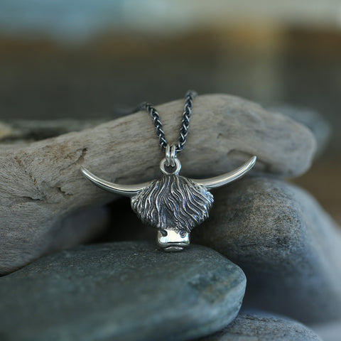 Highland Cow Occasion Pendant in Oxidised Sterling Silver by Sheila Fleet Jewellery