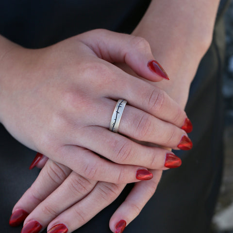Ogham 6mm Oval Court Ring in Oxidised Sterling Silver by Sheila Fleet Jewellery