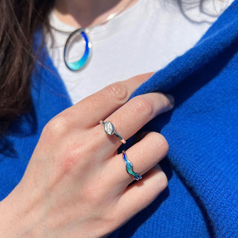 River Ripples Sterling Silver Ring in Ocean Hue Enamel