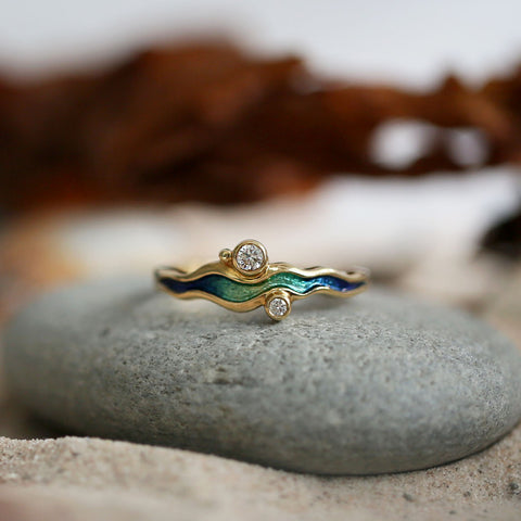River Ripples 18ct Yellow Gold Diamond Ring in Ocean Enamel by Sheila Fleet Jewellery