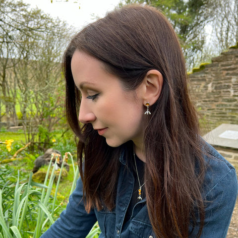Honeycomb & Bee Silver Drop Earrings in Honey Enamel