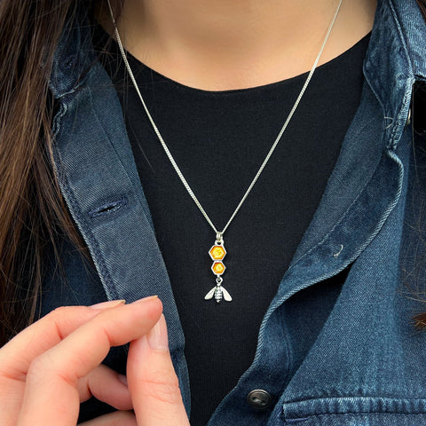 Honeycomb & Bee Small Silver Pendant in Honey Enamel by Sheila Fleet Jewellery