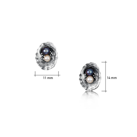 Limpet Oxidised Stud Earrings with Black & Peach Pearls by Sheila Fleet Jewellery